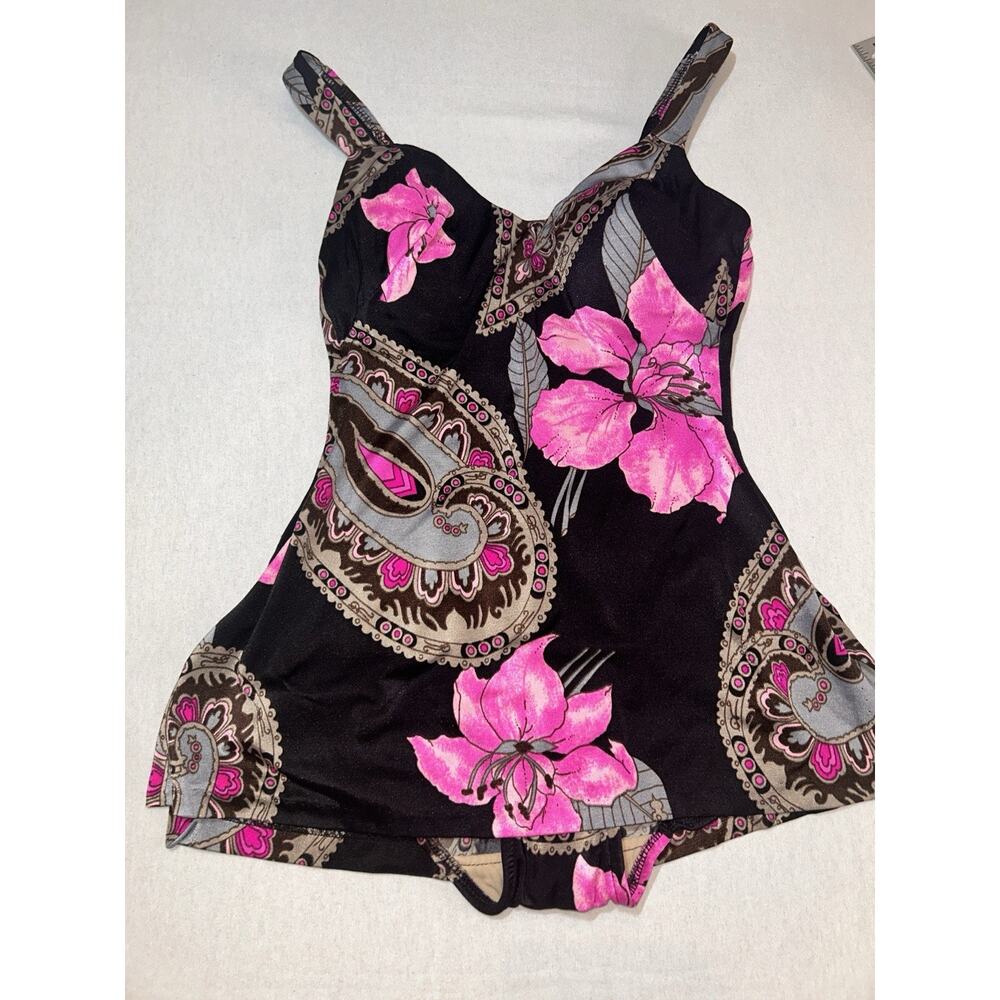Roxanne Bra Fit Pink Floral‎ 1-piece swimsuit 12/14 B Cup V-Front Skirt